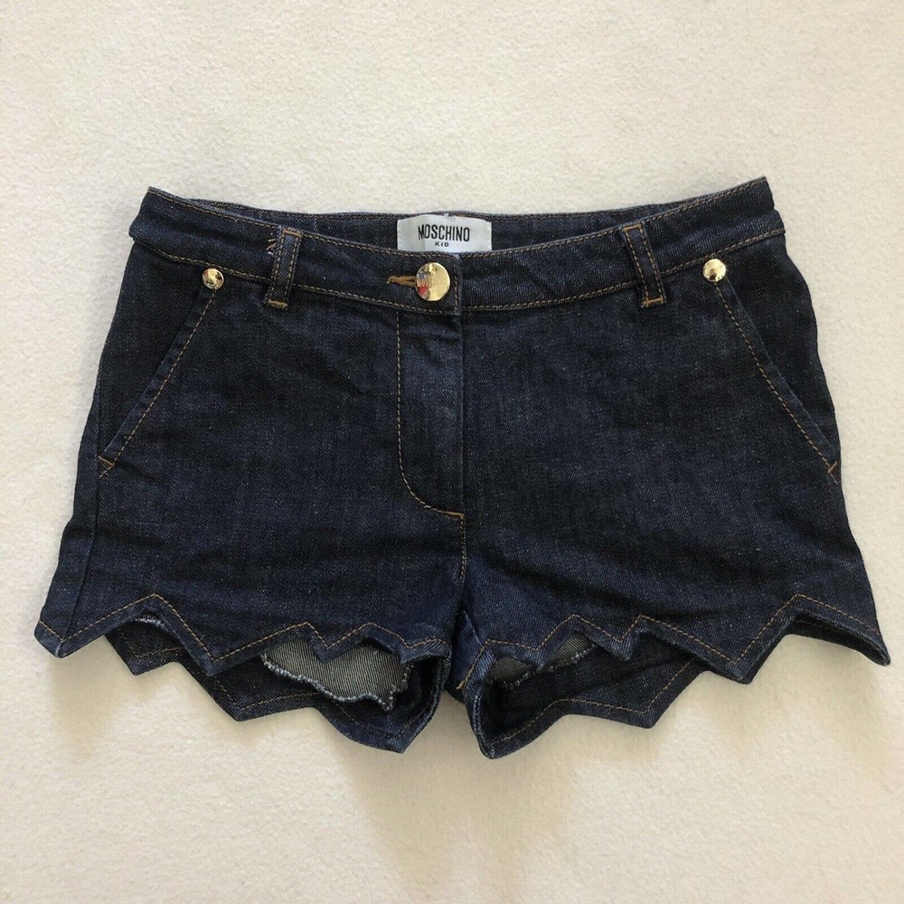 Moschino Kids Dark Wash Stretch Zig Zag Hem Adjustable Denim Blue Jean Shorts 8